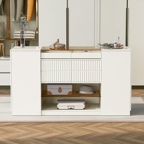 Wardrobe Armoire Bedroom Island with Glass Top, Glass Display Shelf & 6 Drawers, Wooden Closet Storage Cabinet with Open Shelves for Bedroom, Shops, Walk-in-Wardrobe, White
