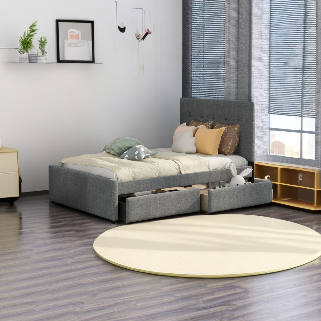 Full Size Bed Frame with Headboard, Linen Upholstered Platform Bed with 2 Drawers, Simple Versatile Bedframe for Adults, Teens & Kids, No Box Spring Needed, Easy Assembly