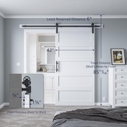 34in x 84in Sliding Barn Door with 6ft Barn Door Hardware Kit & Handle, Pre-Drilled Holes Easy Assembly -Solid Barn Door Slab Covered with Water-Proof PVC Surface, White, 5 Panel