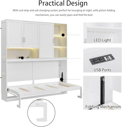 MERITLINE Twin Horizontal Murphy Bed with Storage Cabinet, LED Light and Charging Station,Wood Folding Murphy Wall Bed Cabinet with Bookcase and Shelves for Adult (White)
