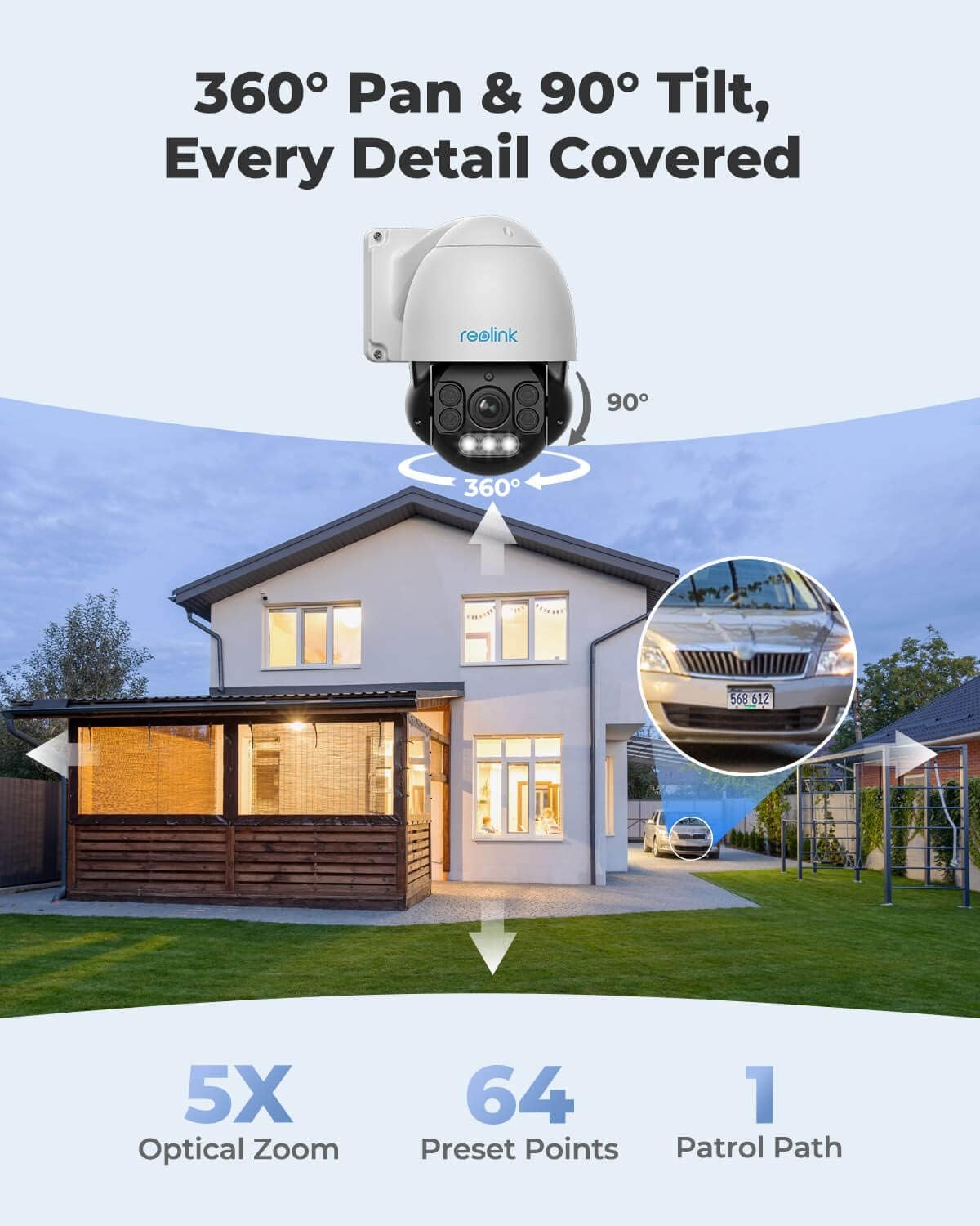 REOLINK 4K PTZ Outdoor Camera, PoE IP Home Security Surveillance, 5X Optical Zoom Auto Tracking, 3pcs Spotlights 190 Ft Color Night Vision, Two Way Talk, Up to 256GB SD Card(Not Included), RLC-823A