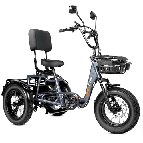 Folding Electric Tricycle for Adults, 1200W Electric Trike, 22MPH 100Miles 3 Wheel Electric Bike, Reverse Gear, Rear Differential, 450lbs Load, F&R Baskets, 4'' Wide Fat Tire, UL Certified