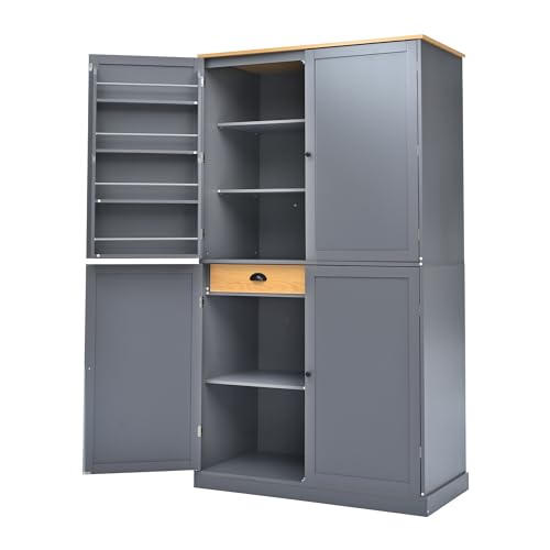 Farmhouse 77inch Kitchen Pantry, Freestanding Tall Cupboard Storage Cabinet with 3 Adjustable Shelves,8 Door Shelves and 3 Drawers,for Kitchen Dining Room (White@Pantry)