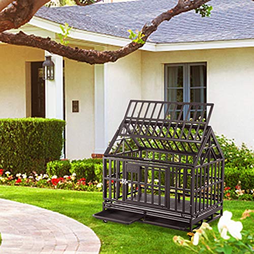 PUPZO Dog Cage Crate Kennel Heavy Duty Tear Resistant Square Tube with Four Wheels for Large Dogs Easy to Install (38 inch roof, Brown)