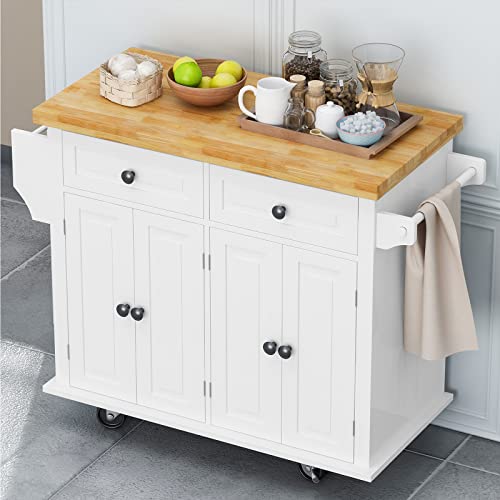 Kitchen Island Cart on Wheels with Wood Top and Drop Leaf Breakfast Bar, Rolling Kitchen Trolley with 2-Door Storage Cabinet, 3 Drawers, Towel and Spice Rack 43.31"x16.93"x36.02", White