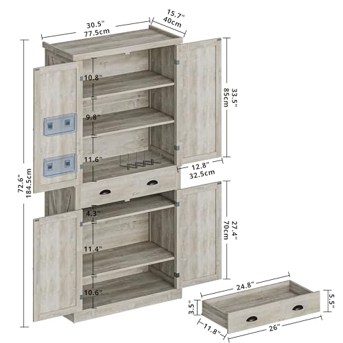 IRONCK Kitchen Pantry Storage Cabinet 72.6" H, with Barn Doors, Drawer, 4 Adjustable Shelves, Freestanding Cupboard for Dining Room Living Room, Laundry, White