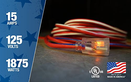 Southwire 2549swusa1 100-Feet Contractor Grade 12/3 Extension Cord with Lighted End; Red White and Blue American Made Extension