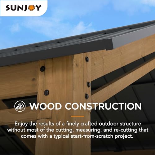 Sunjoy Carport 11 ft. x 20 ft. Standard Wood Gazebo Heavy Duty Garage, Cedar Framed Gazebo Car Shelter with Metal Roof and Movable Ceiling Hook