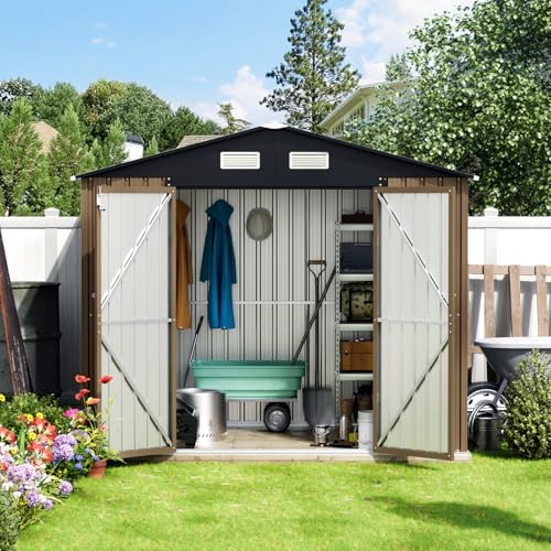 10X12X7.5 FT Outdoor Steel Storage Shed with Lockable Doors, 2 Windows, Transparent Roof Panels (Wood Panels & Frame Floor Not Included), Ideal for Patio Storage,Garbage Can, Chicken Coop，Brown