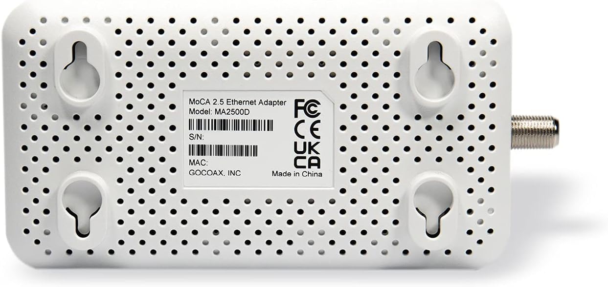 goCoax MoCA 2.5 Adapter with 2.5GbE Ethernet Port. MoCA 2.5. 1x 2.5GbE Port. Provide 2.5Gbps Bandwidth with existing coaxial Cables. White(Single, MA2500D)