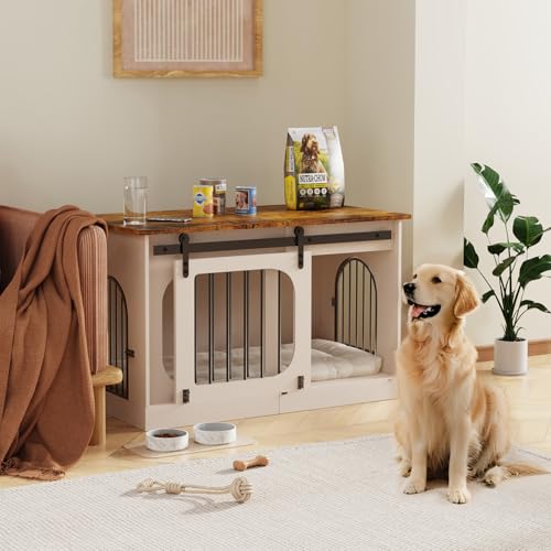 XL Dog Kennel Furniture,39.4 Inch Farmhouse Crate Furniture with Cushion Decorative White Dog Kennel Indoor Thick Wooden Pet House End Table Modern Cage Furniture for Small/Medium/Large Dog