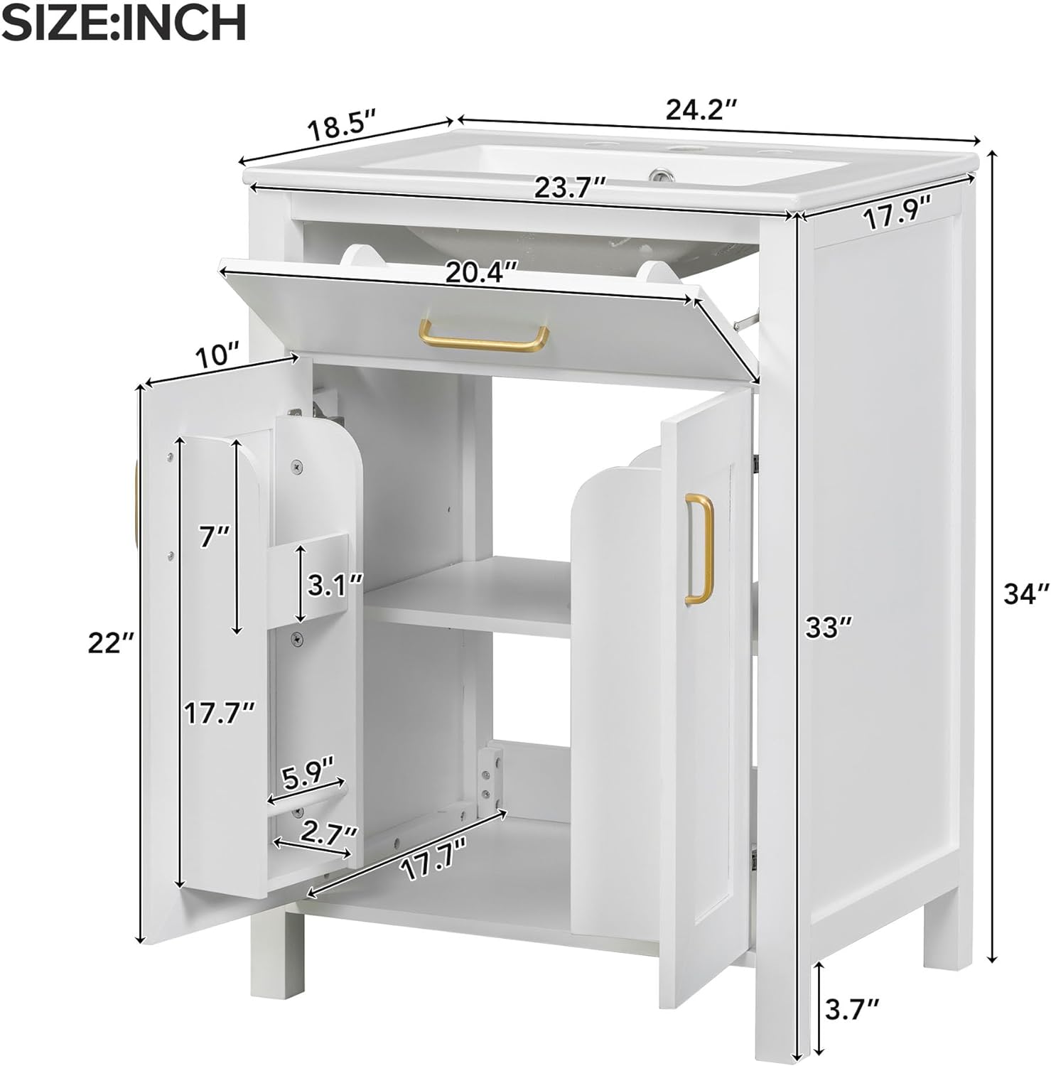 Harper & Bright Designs 24" Bathroom Vanity with Sink, Free Standing Single Basin Vanity Set with 2 Soft-Close Doors and Drawer, Modern Wooden Bathroom Cabinet with Ceramic Basin for Bathroom, White