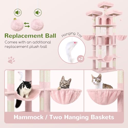 Globlazer Big Cat Tower for Indoor Cats, 80inch Cat Tower for Multiple Adult Cats XXL Cat Tree with Scratching Post, Hammock, 3 Perches, 2 Condos, 2 Hanging Basket, F80, Light Grey