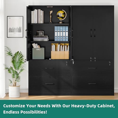 YITAHOME Wood File Cabinets, Heavy Duty Garage Tool Cabinets with Doors & Adjustable Shelves, Big Storage Filing Lockers for Home Office, Living Room, Pantry, Gym, Basement, Warehouse, Black