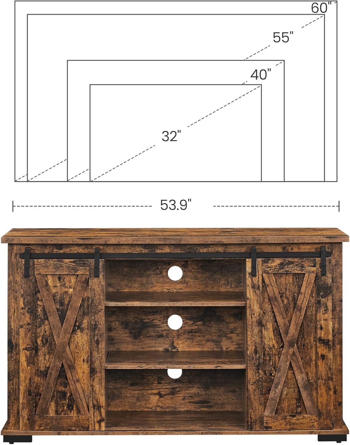 VASAGLE TV Stand with Storage and Sliding Barn Doors for 60-Inch Televisions, Entertainment Center Console, 53.9”, Rustic Brown
