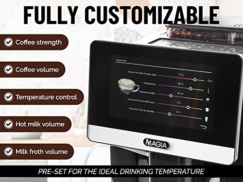 Zulay Kitchen Magia Super Automatic Espresso Machine - Espresso Coffee Maker With Grinder, Milk Frother & Insulated Milk Container - Cappuccino & Latte Machine - Touch Screen, 19 Recipes, Black/Silver