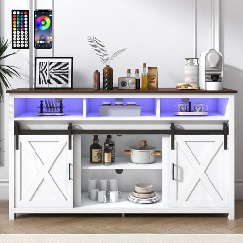 Farmhouse Coffee Bar Cabinet with Power Outlet, Rustic Sideboard Buffet Storage Cabinet with Storage, Wood Buffet Cabinet Serving Table Cupboard for Dining Room, Living Room, Rustic Brown