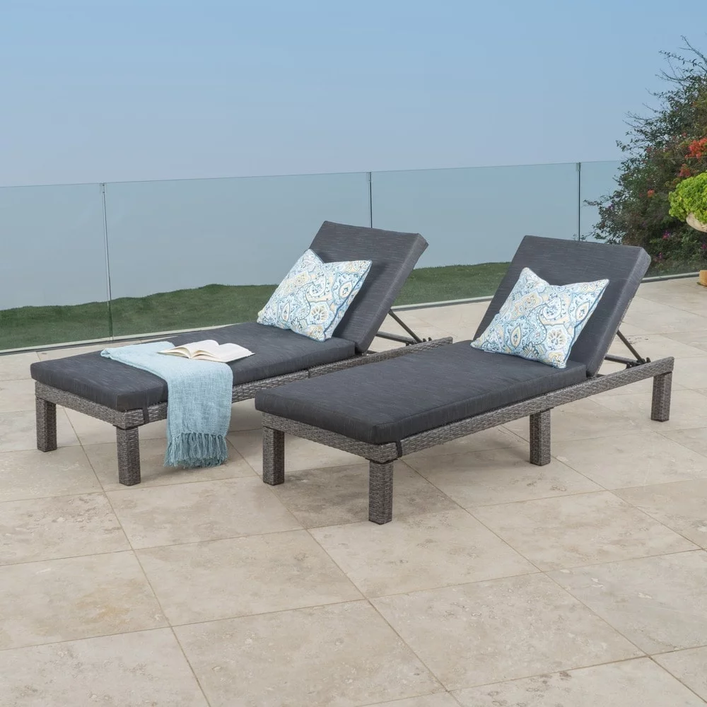 Christopher Knight Home Puerta Outdoor Adjustable PE Wicker Chaise Lounge with Cushion by  (Set of 2) Dark brown wicker and beige cushions