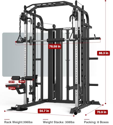 DONOW Smith Machine with Weight Stacks Power Cage Squat Rack Dual Cable Crossover Machine Home Gym Systems Station LAT Pull Down