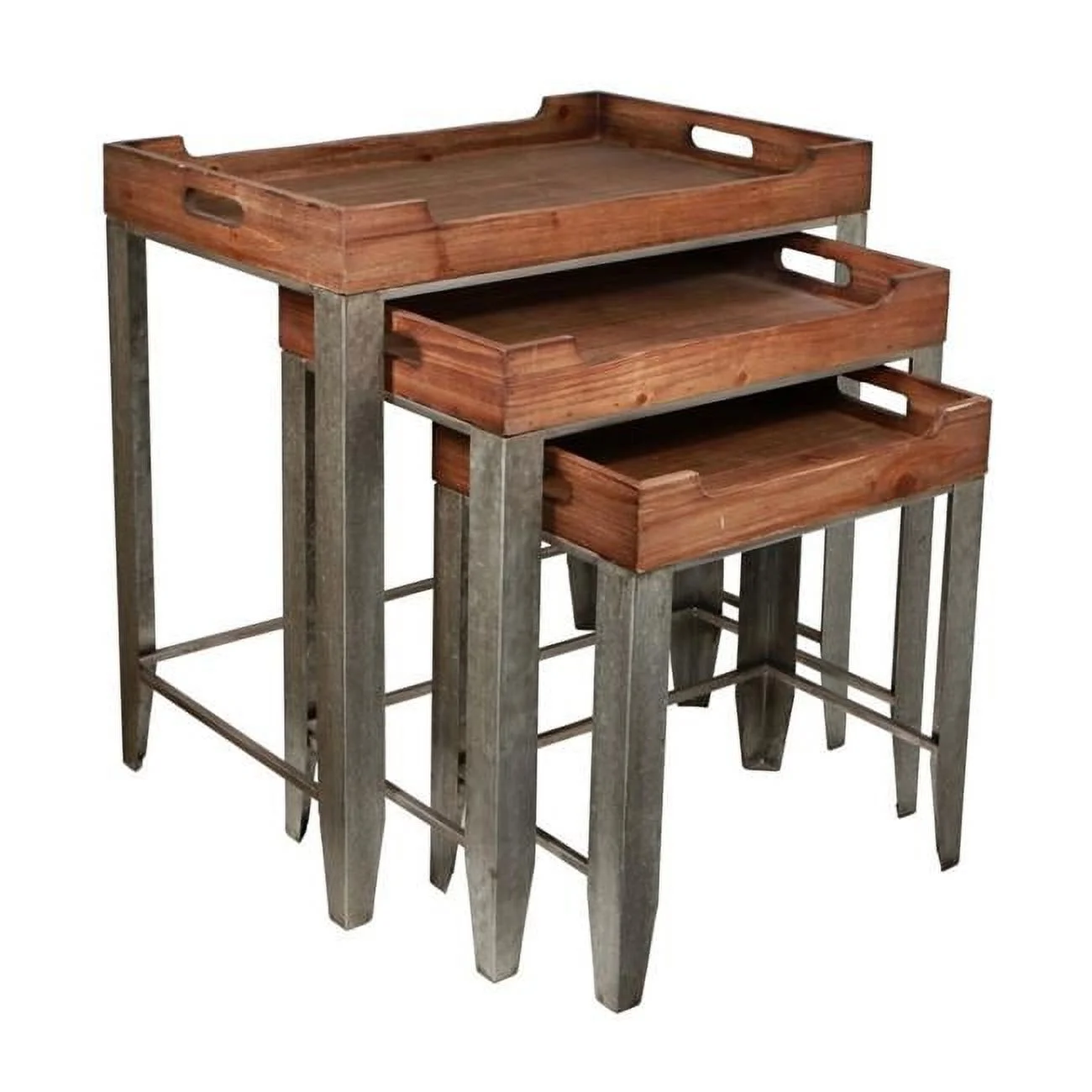 Wood Top Nesting table with Side Handles & Galvanized Metal Base - Set of 3