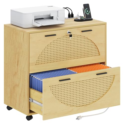 YITAHOME 2 Drawer File Cabinet with Charging Station, Rattan Filing Cabinet with Lock, Wood File Cabinet with Wheels, Home Office Furniture Fits A4, Letter, Legal Size Files