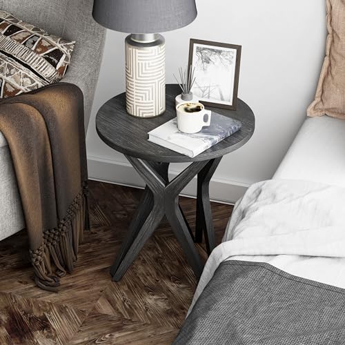 Pedestal Farmhouse End Table Set of 2, Distressed Ash Grey Top with Tripod Base for Modern Farmhouse, Boho Decor, Round