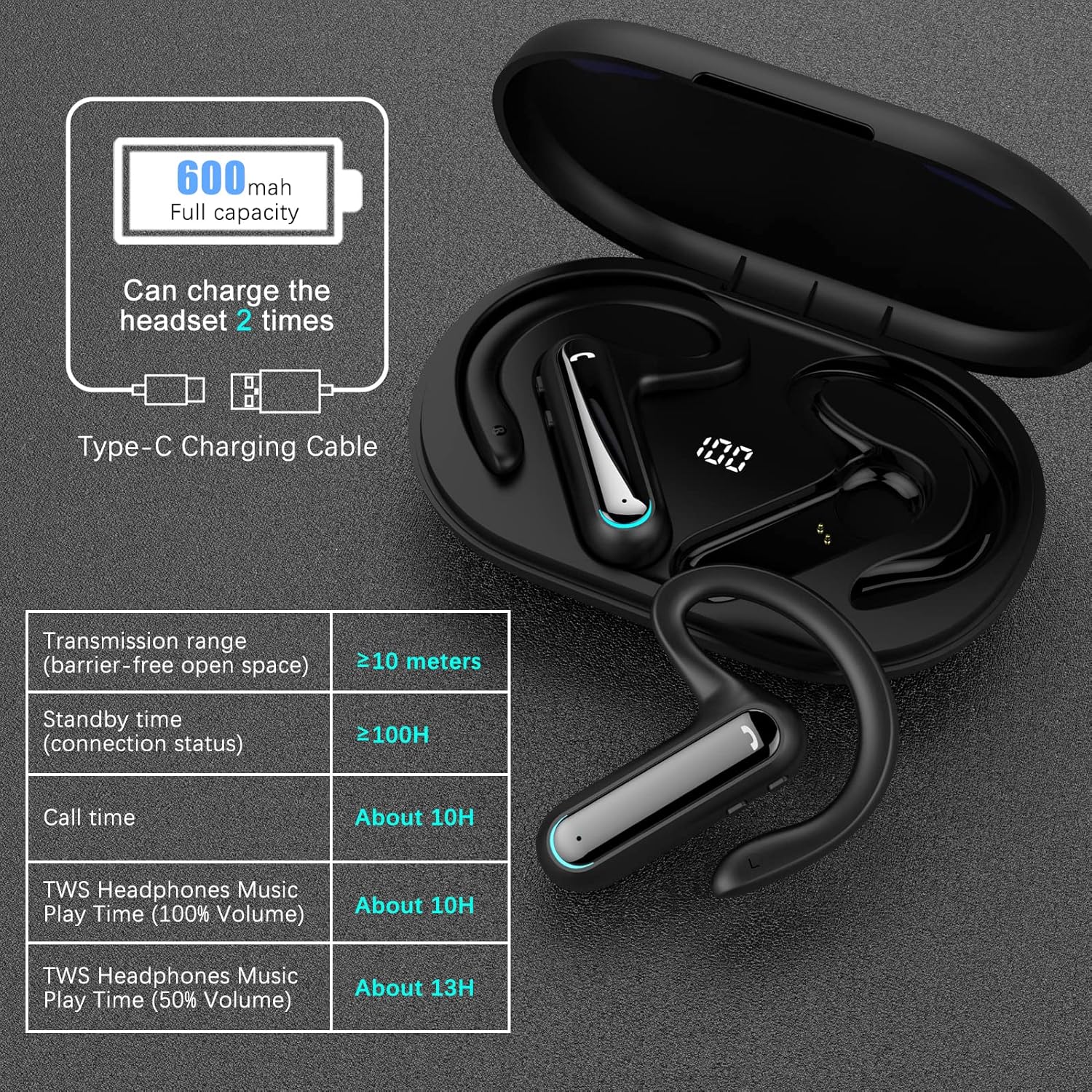 Open Ear Headphones True Wireless Earbuds with Earhooks and Charging Case, Bluetooth 5.2 Sport Open Ear Earbuds Waterproof Wireless Headphones Open Earbuds Built-in Mic for Running/Walking/Workout Pack of 2