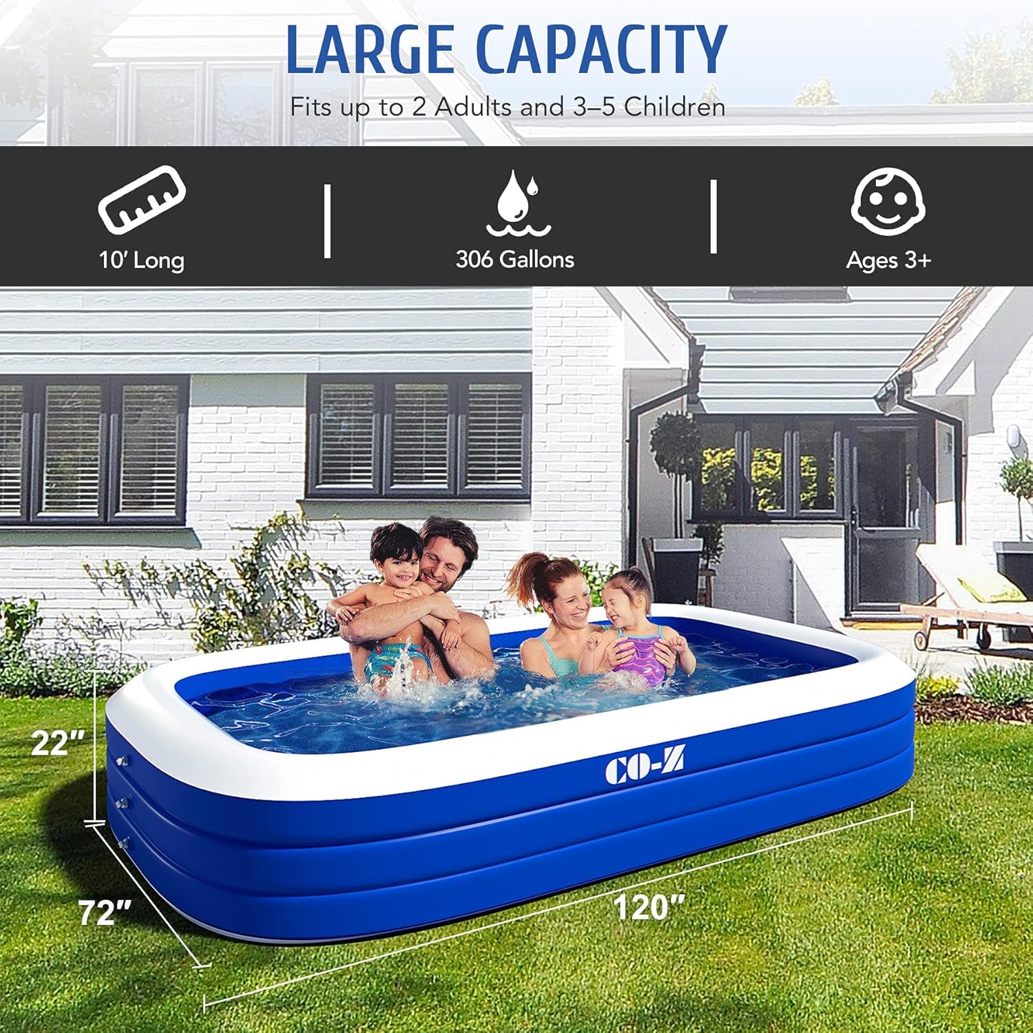 CO-Z Inflatable Swimming Pool with Pump, 120" X 72" X 22" Blow Up Family Swimming Pool, Above Ground Swimming Pools for Kids and Adults, Large Kid Pools for Backyard, Giant Inflatable Pool, Blue