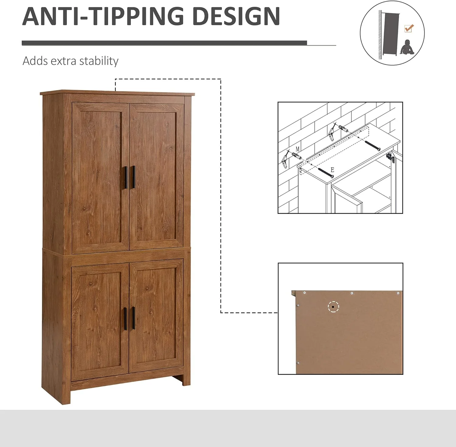 64" 4-Door Kitchen Pantry, Freestanding Storage Cabinet with 3 Adjustable Shelves for Kitchen, Dining or Living Room, Oak