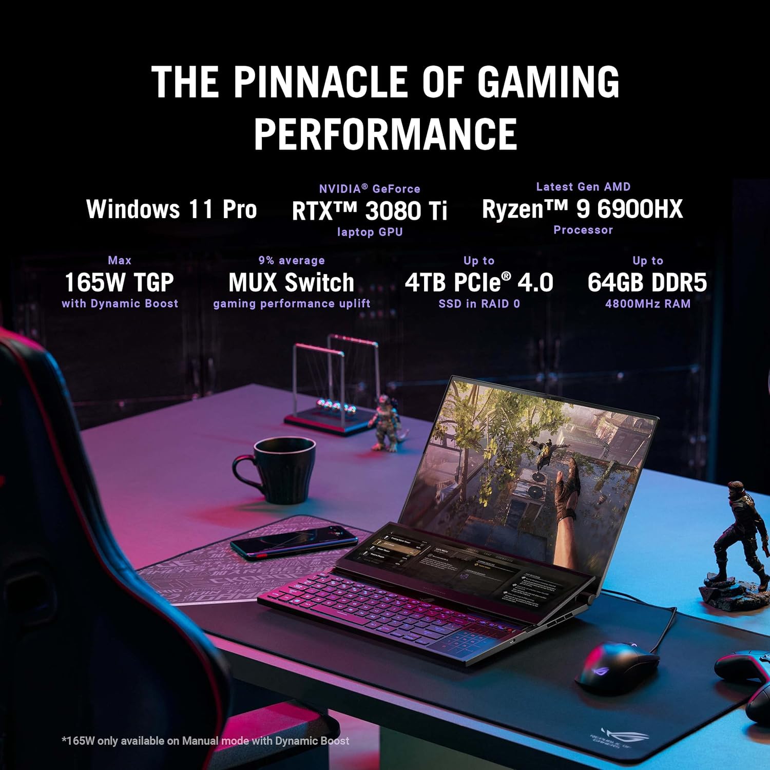 ASUS ROG Zephyrus Duo 16 (2022) Gaming Laptop, 16” 165Hz ROG Nebula HDR QHD 16:10 Display, NVIDIA GeForce RTX 3070 Ti, AMD Ryzen 9 6900HX, 32GB DDR5, 1TB SSD, Windows 11, GX650RW-XS96,Black (Renewed)