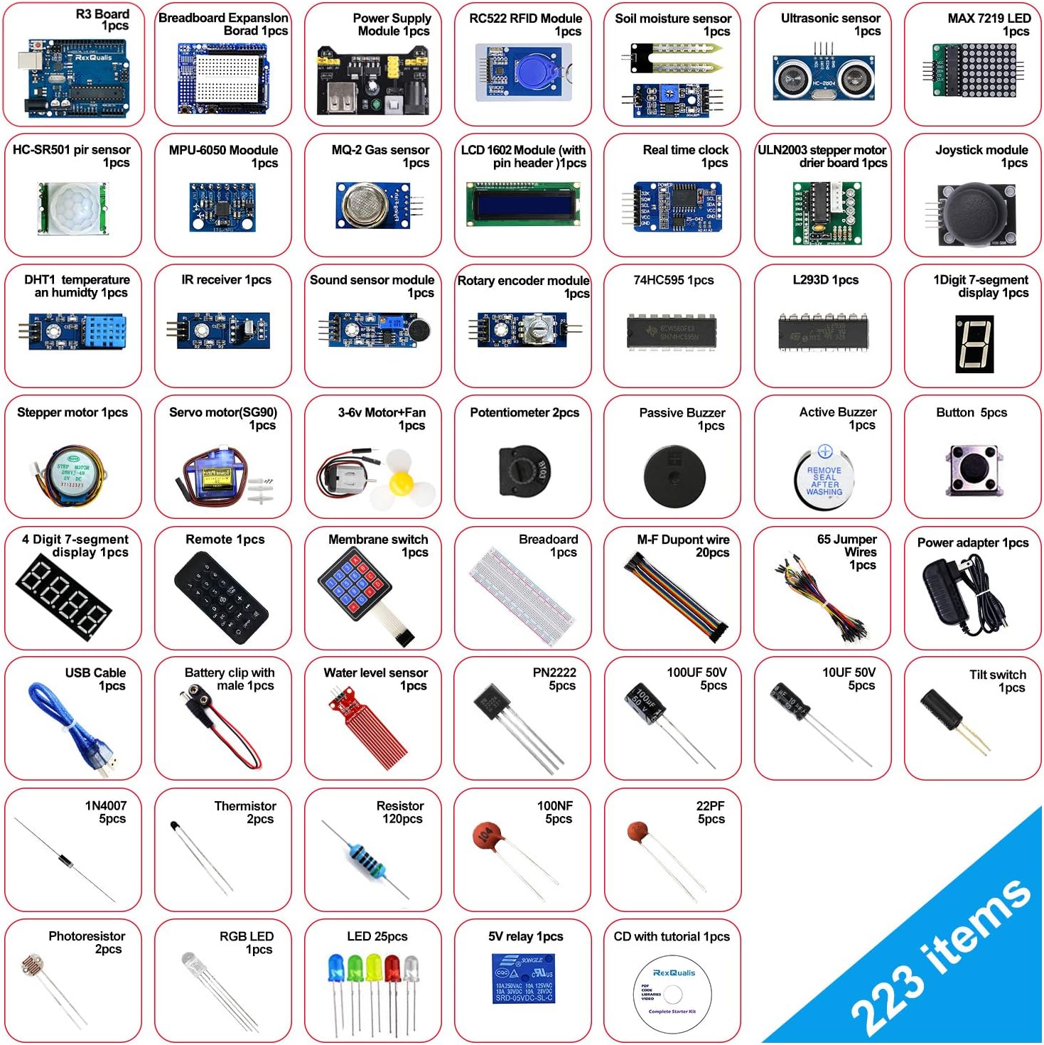 REXQualis Complete Starter Kit Based on Arduino UNO R3 w/ Detailed Free Tutorial Compatible with Arduino IDE (67 Items) Pack of 2