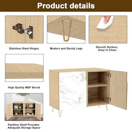 Mid Century Sideboard Buffet Kitchen Storage Cabinet with 2 Doors texture golden veins natural pattern for Abstract black white gold Cupboard Console Table Bar Cabinet for Dining Room Hallway