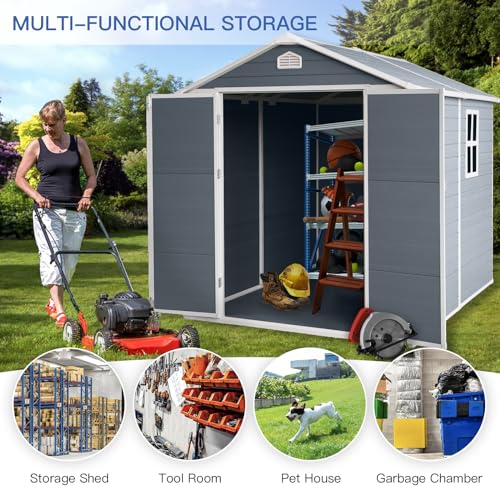 8x6ft Resin Outdoor Storage Shed with Door & Lock Perfect to Store Patio Furniture for Backyard Garden Patio Lawn,Grey