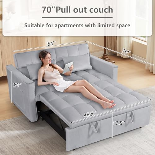 3 in 1 Convertible Sleeper Sofa Bed,Futon Loveseat Couch with Pull-Out Bed & Adjustable Backrest,Velvet Fabric Sofa with Side Pocket for Small Apartment, Living Room, Office (Black)