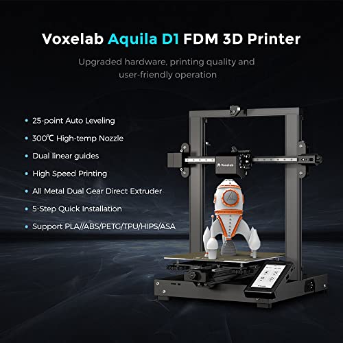 Voxelab 3D Printer Aquila D1 with Smart Auto Leveling, 300°C All Metal Dual Gear 70N Direct Extruder, Dual Z-axis Rails and 5 Step Quick Installation, Print Size 9.3" x 9.3" x 9.8"