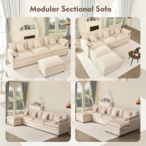 108" U Shaped Couch, Modular Sectional Sofa, 3-Seater Comfy Cloud Couch with Movable Ottoman, Deep Seat Couches for Living Room, Chenille, Black