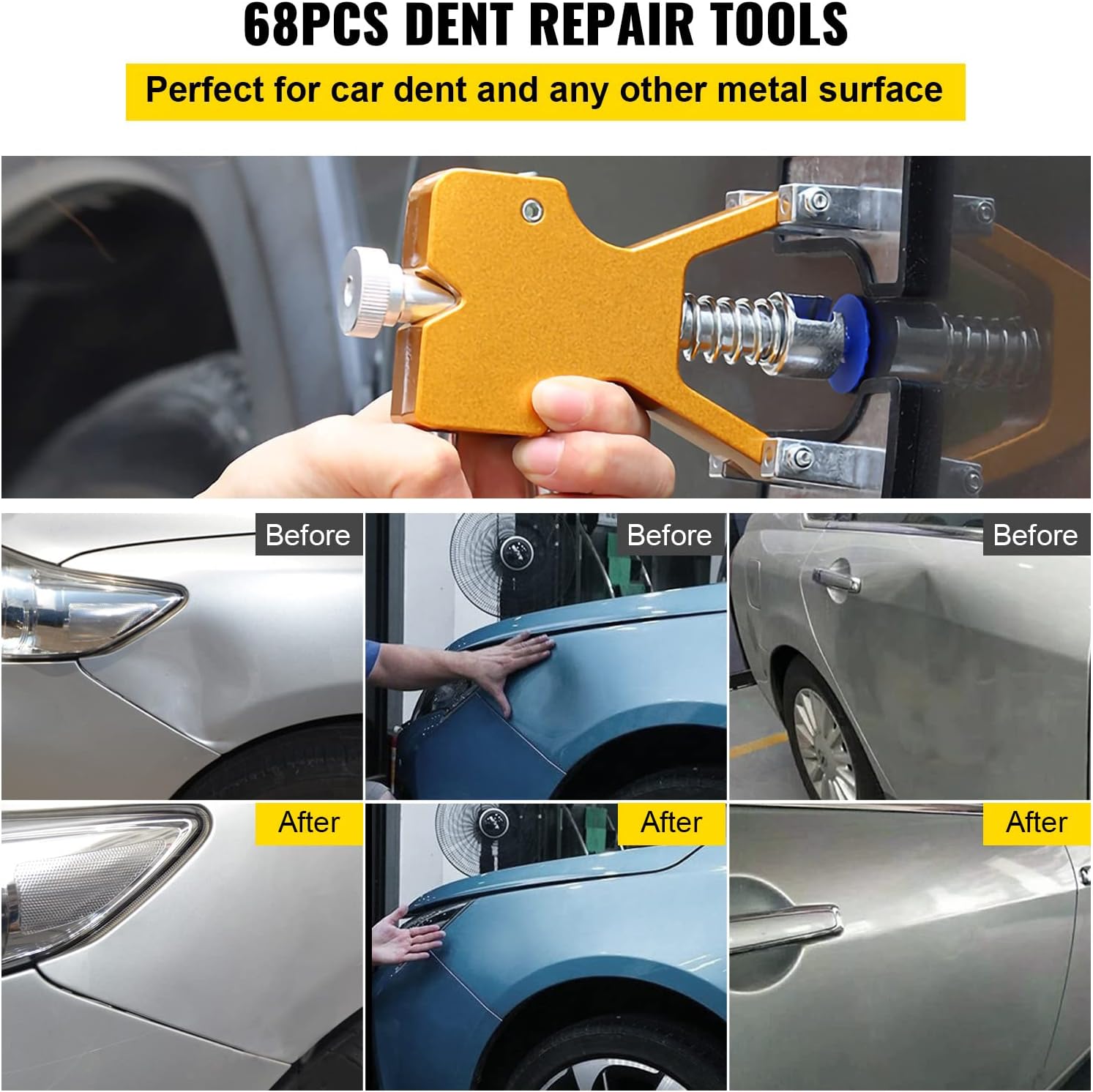 VEVOR Paintless Dent Removal Rods, 68 PCS Paintless Dent Repair Tools, 10 PCS Stainless Steel Rods Car Dent Repair Kit, Glue Puller Tabs Dent Puller Kit for Auto Dent Removal, Minor Dents, Door Dings