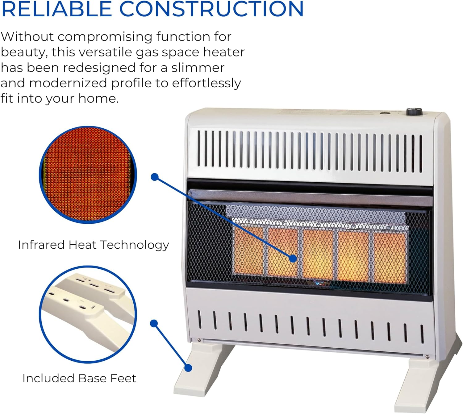 ProCom MN300TPA-B Ventless Natural Gas Infrared Space Heater with Thermostat Control for Home and Office Use, 30000 BTU, Heats Up to 1400 Sq. Ft., Includes Wall Mount and Base Feet, White