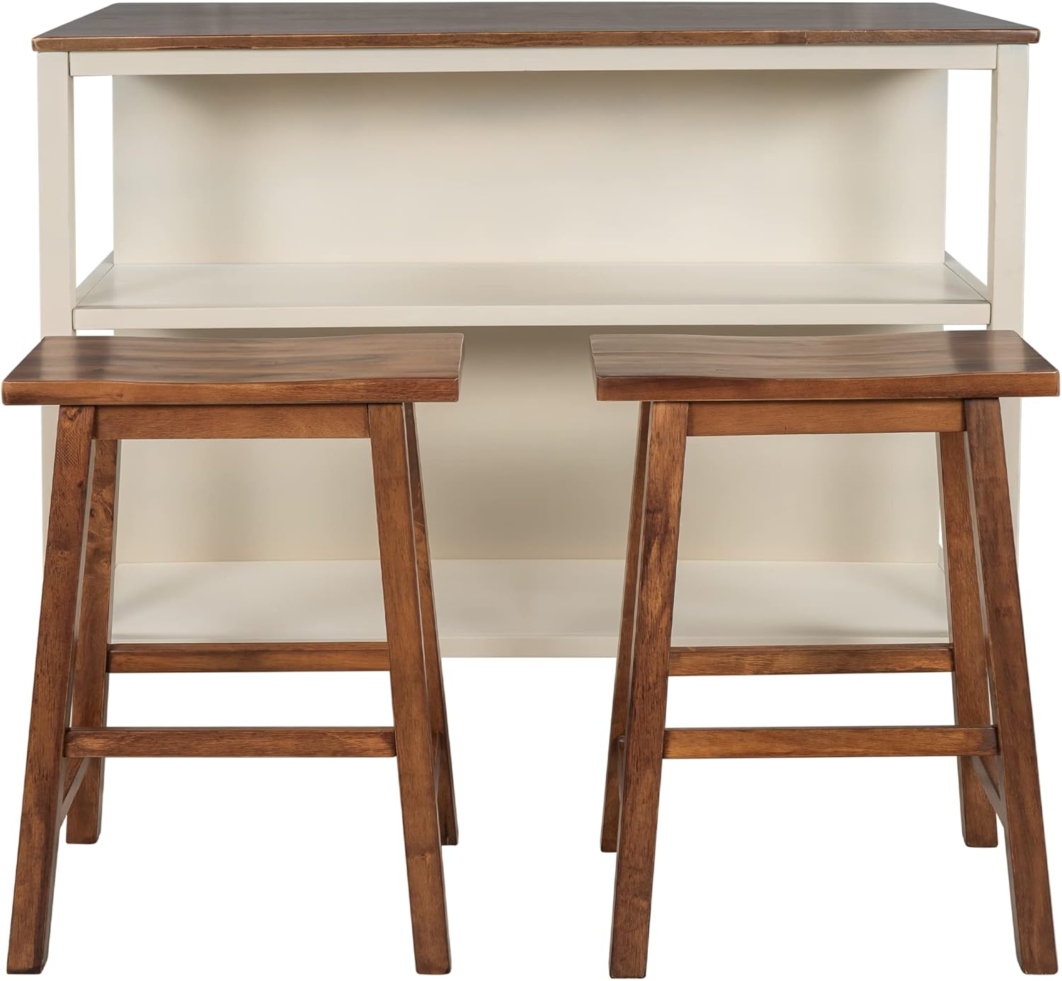 Voohek Kitchen Island Set with 2 Stools Seating, Solid Wood Rubber Butcher Block Dining Prep Table Open Shelves for Small Places, Rustic Stationary