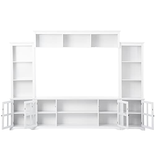 P PURLOVE Minimalism Style Entertainment Wall Unit for Living Room, TV Console Table for TVs Up to 70", Multifunctional TV Stand with Bookshelves and Tempered Glass Door, Entertainment Center, Black
