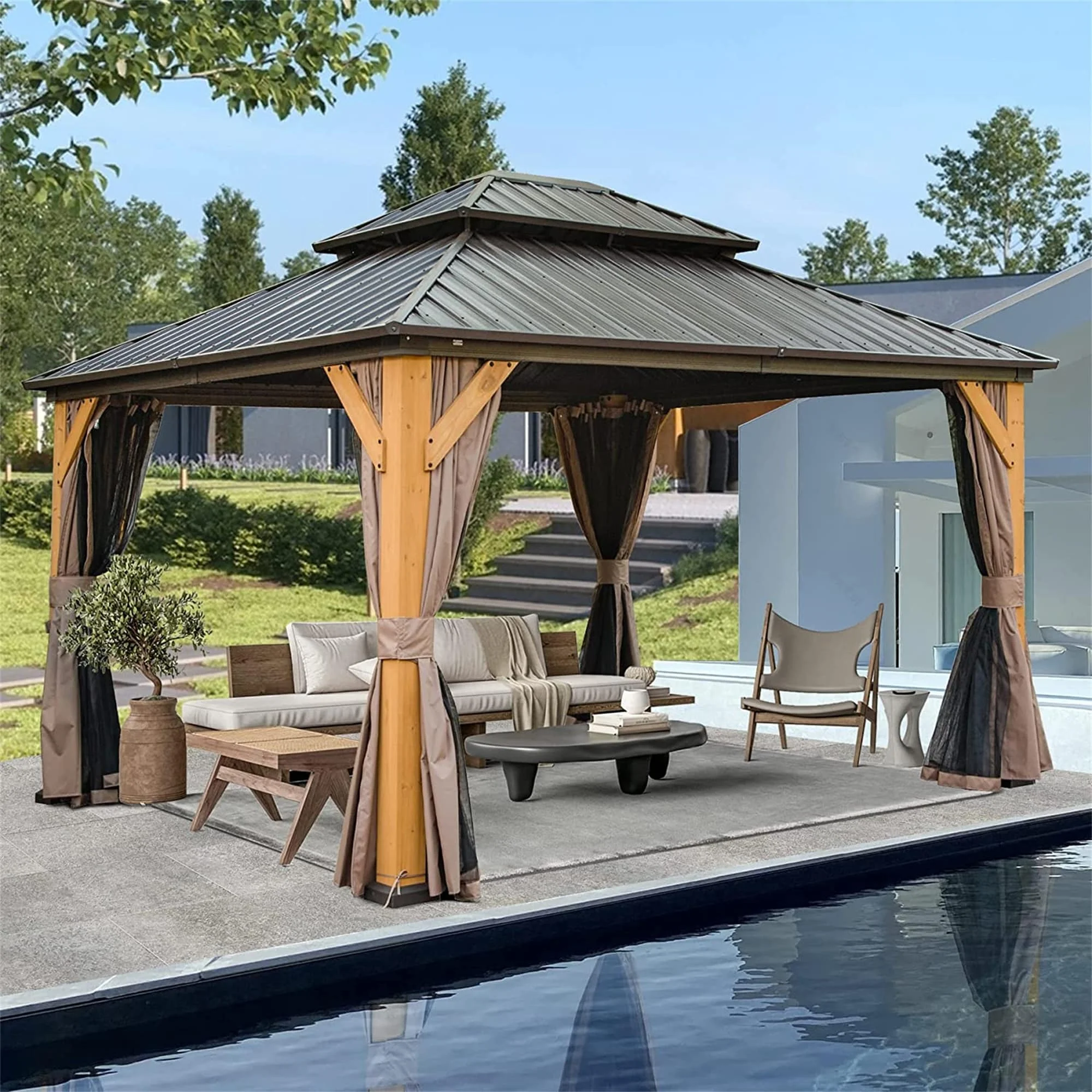 12 x 14 ft Hardtop Gazebo with Ventilated Galvanized Steel Double Roof and Cedar Wood Frame, Bug Netting and Privacy Curtains