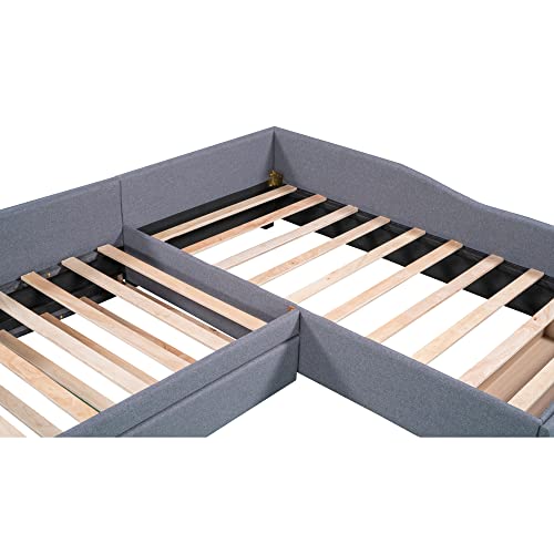 L Shaped, Upholstered Double Size Daybed with Trundle and Storage Drawer, Upholstery Platform Bedframe 3 in 1 Wood Beds Frame for Boys and Girls, No Box Spring Needed, Twin/Twin, A-Gray oo
