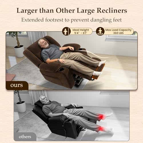 Large Power Lift Chairs Recliners for Elderly with Extended Footrest, Lift Chairs with Heat and Massage, Big and Tall Overstuffed Wide Recliner, 3 Positions (Plush Flannel, Dark Brown)