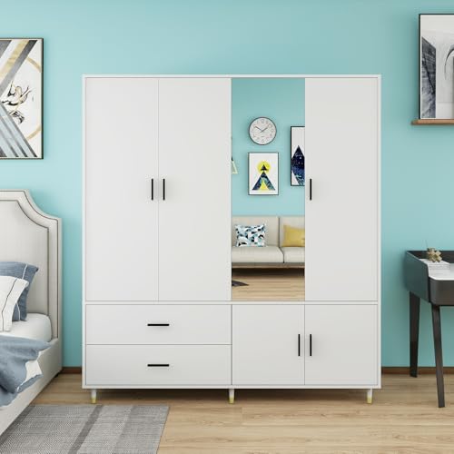 Armoire Wardrobe Closet: Wood Bedroom Armoire Dresser Clothes Storage Cabinet with 4 Doors 2 Hanging Rods 2 Drawers Mirror Organization 63" W x 20.4" D x 70.8 "H White