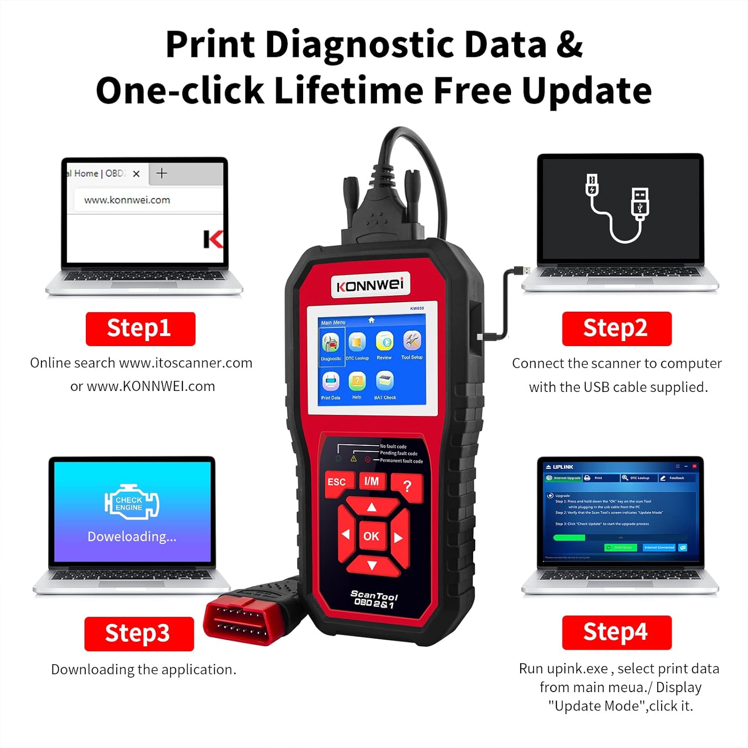 KONNWEI KW850 OBD II Scanner Check Engine Code Reader CAN Diagnostic Scan Tool with O2 Sensor Test Freeze Frame I/M Readiness Print Data EVAP System Battery Test for All OBD2 Cars (Updated Version) Pack of 2