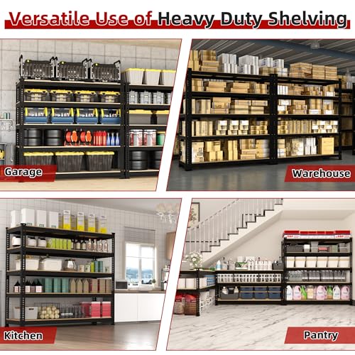 5 Tier Garage Storage Shelves - 32" W x 16" D x 63" H Adjustable Heavy Duty Metal Shelving Unit, Garage Shelving Utility Storage Rack for Basement, Pantry, Kitchen, Black, 2 PCS