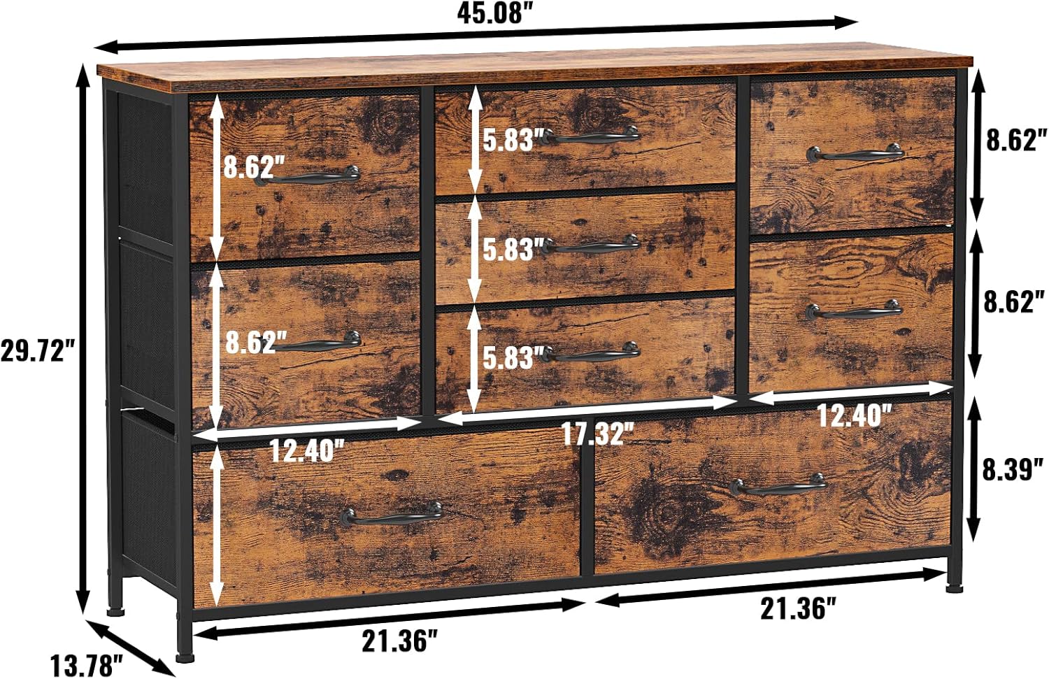 Furnulem Vertical End Table and Nightstand for Bedroom, Wide Dresser with 9 Large Drawers for 55'' Long TV Stand Entertainment Center for Bedroom,Living Room,Closet,Entryway,Sturdy Metal Frame