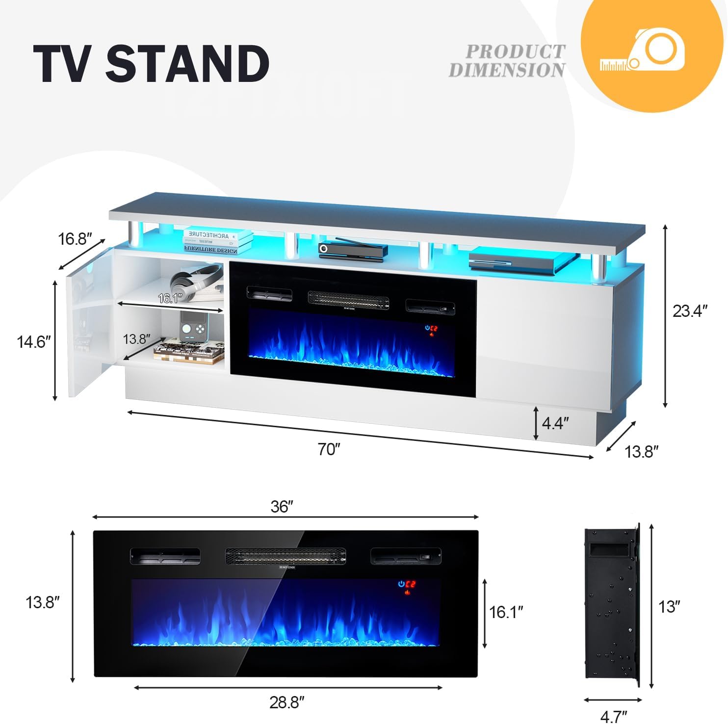 Fireplace TV Stand with 36" Electric Fireplace,2 Tier TV Console Stand, LED Light Entertainment Center, for TVs Up to 80", Fireplace for The Living Room TV Stand,(White)