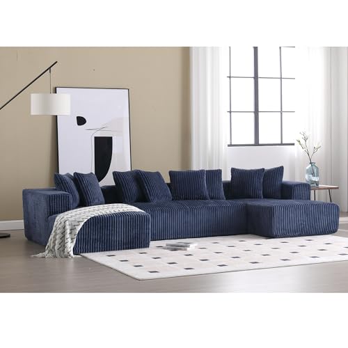 131" Modular Sectional Couch, Comfy Corduroy Striped Fabric Floor Sofa, Luxury U-Shape Sectional Sofa with Chaise Lounge, Free Combination Sleeper Sofa for Living Room, Apartment, Beige