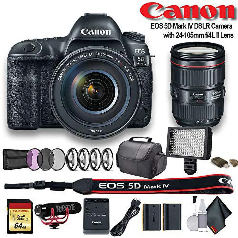 Canon EOS 5D Mark IV DSLR Camera with 24-105mm f/4L II Lens (Intl Model) W/ Bag, Extra Battery, LED Light, Mic, Filters and More - Advanced Bundle